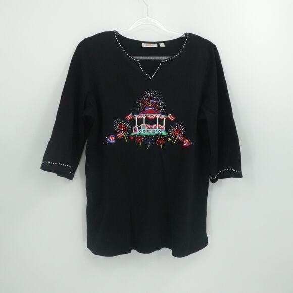 Quaker Factory Top Womens 1X Black Embellished 4th of July Americana Grandmacore - Picture 1 of 12